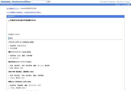 自分語りしかない30-21プラスチックガール/CAPSULE(2002)作詞作曲：中田ヤスタカネオ渋谷系雪のライスシャワー/dorlis(2005)作詞作曲：dorlis　編曲：天野清…