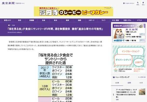 　安倍晋三元首相の後援会が「桜を見る会」前日に主催した夕食会で、サントリーホールディングスが2017〜19年、計400本近い酒類を無...